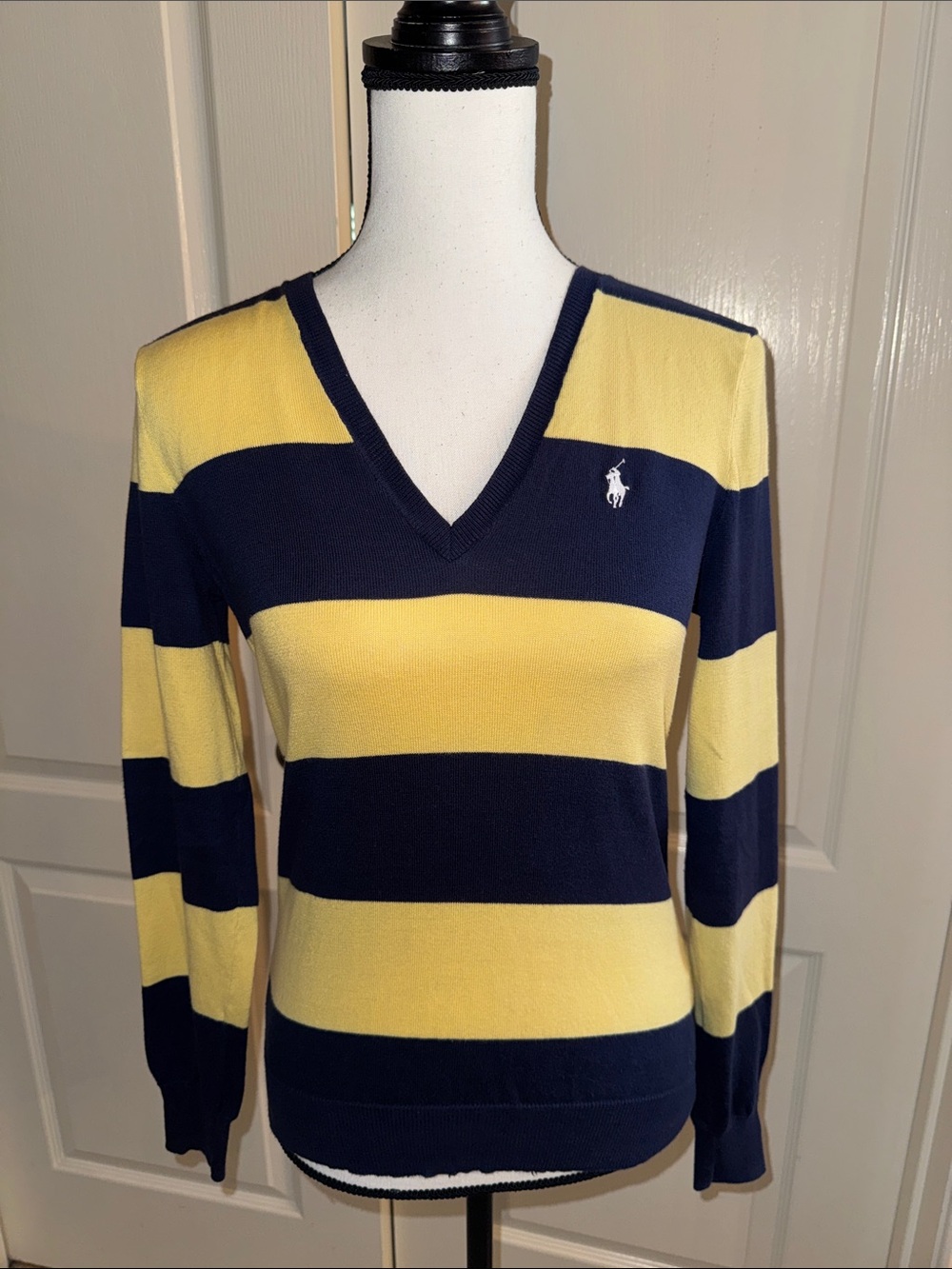 Ralph Lauren -  Striped V-Neck Sweater in Navy and Yellow - Size Medium